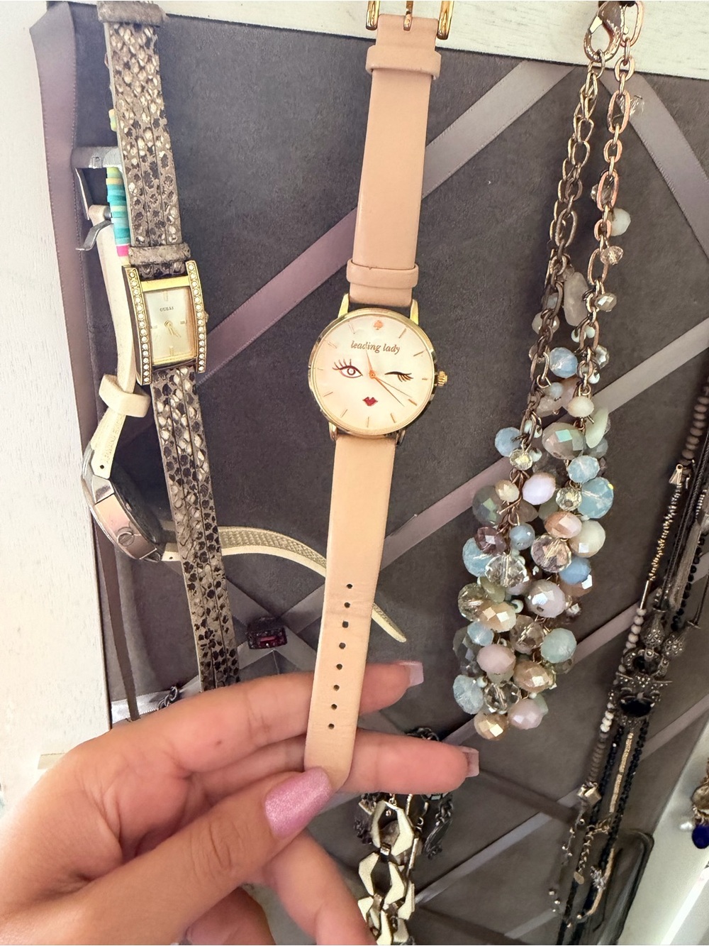 Leading Lady Pink-Beige Leather Strap Watch with Gold Case